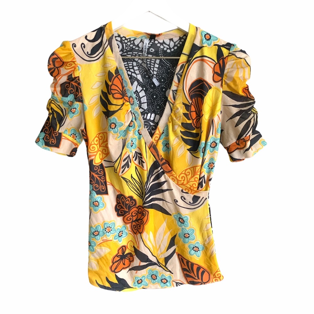 Y2K Retro Mixed Print Mesh Puff Sleeve Top